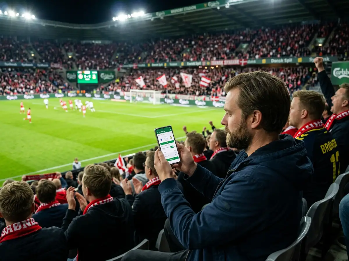 Live fodboldkamp på dansk superliga stadion vist på smartphone med betting-app